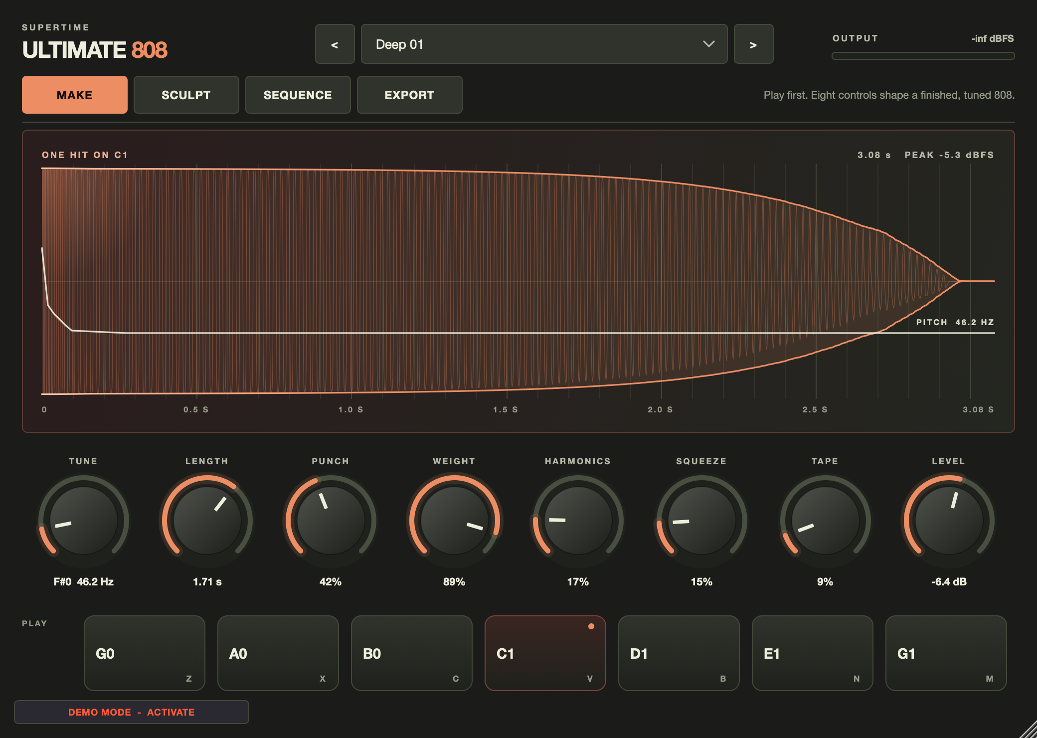 The current Ultimate 808 Make editor, showing its waveform, pitch sweep, eight performance controls and playable note pads.