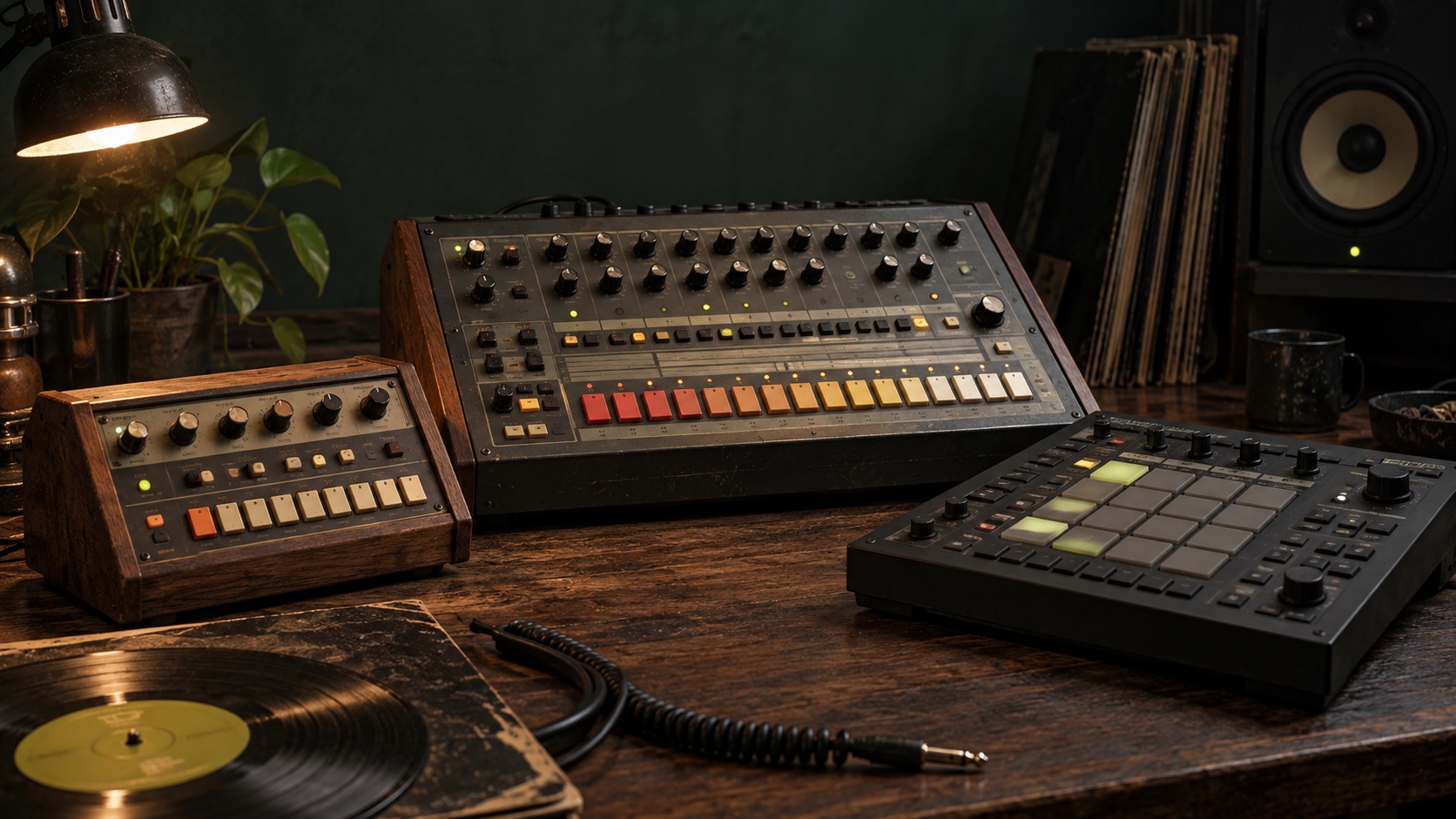 A wood-cased rhythm box, metal step drum machine and pad sampler arranged across a studio table.