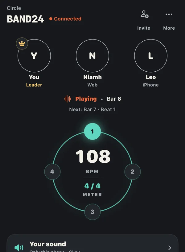 SuperTime Practice Circle BAND24: three players at 108 BPM in 4/4, one on the web and one on iPhone