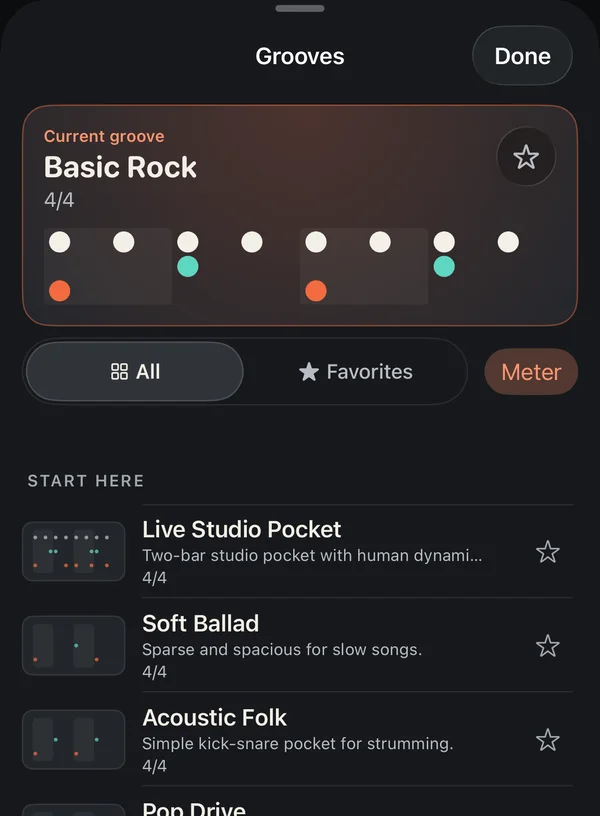 SuperTime Grooves sheet: Basic Rock as the current groove, with Live Studio Pocket, Soft Ballad and Acoustic Folk below