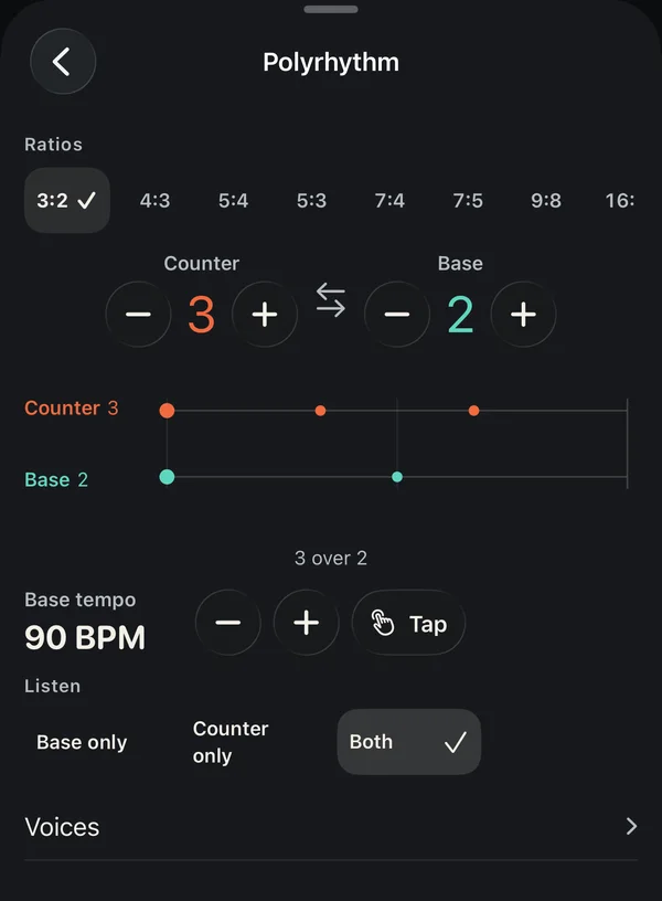 SuperTime Polyrhythm screen playing 3:2 at 90 BPM, with the counter and base beats on a timeline