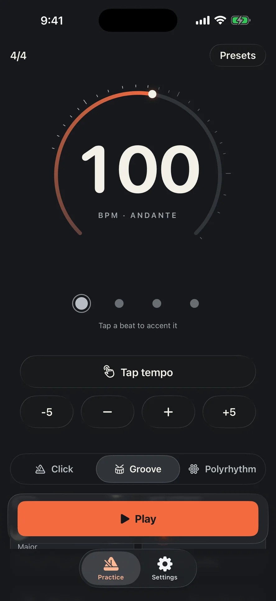 SuperTime practice screen: 100 BPM in 4/4 with Groove picked, tap tempo and Play